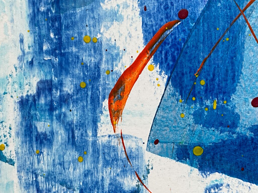 Vibrant abstract painting with blue, orange, and yellow tones. Energetic brushstrokes on canvas.