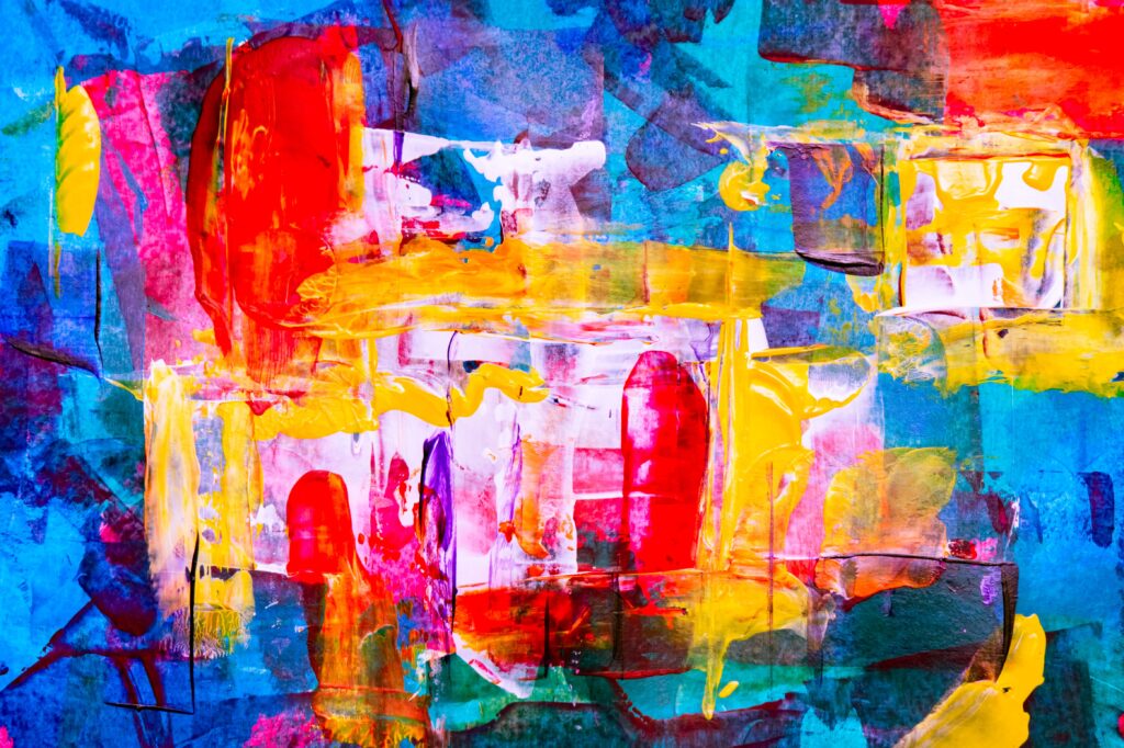 Colorful abstract painting full of vibrant colors and expressive brushstrokes, showcasing modern art creativity.